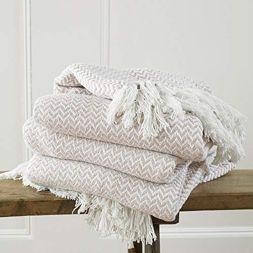 Safi Luxury Chevron Weave Fringed Contemporary Cotton Throw 170cm X 200cm (Blush)