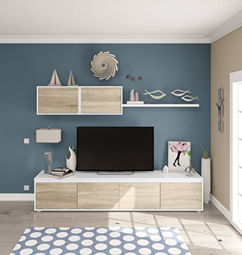 Miroytengo Conjunto para Salón con Mueble TV, módulo Superior y Estante en Color Roble Canadian y Blanco Mate 200cm