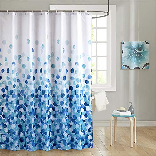 Duschvorhang Blau 180x180 cm Polyester Stoff Schimmelresistent Wasserdicht Maschinenwaschbar Lang Badezimmer Badewanne Vorhänge mit 12 Duschvorhangringe Plastik Haken, Blütenblätter Blumen Muster