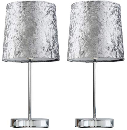 MiniSun | Modern Polished Chrome Table Lamps with Silver Velvet Shades | Table Lamps, Home Décor & Improvement Essential | Set of 2