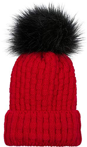 styleBREAKER Unisex warme Strick Bommelmütze mit Flecht Muster und Fleece Futter, Winter Fellbommel Mütze 04024171, Farbe:Rot
