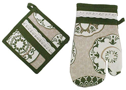 Russo Tessuti Set Guantone + Presina da Forno Cucina Piatti Cordinato Ambra Shabby-Verde