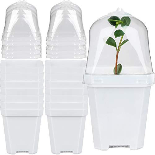 CCCYMM 14 Sets White Plastic Nursery Pots with Humidity Dome, Square Flower Pot Planter Container