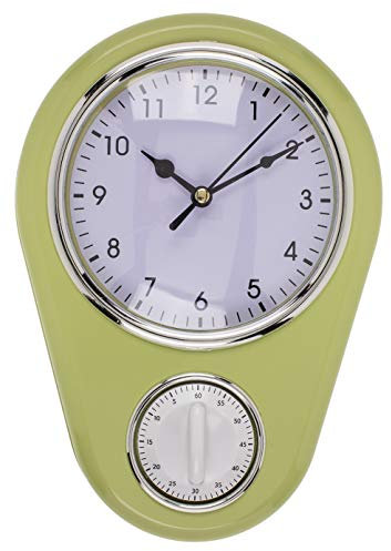 MIK funshopping Retro Küchen-Wanduhr Vintage Kitchen TIME mit 60-Minuten Küchentimer (Avocadogrün)