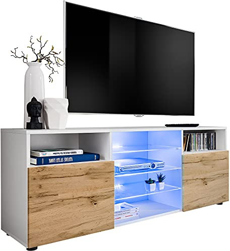 ExtremeFurniture T38 TV Lowboard, Karkasse in Weiß Matt/Front in Wotan Matt ohne LEDs