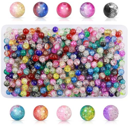 GZhaizhuan 600 Pièces en Boîte Colorées Perles de Verre, 8mm Rondes Perles Craquelées pour DIY Fabrication de Bijoux Collier Bracelet (10 Couleurs)