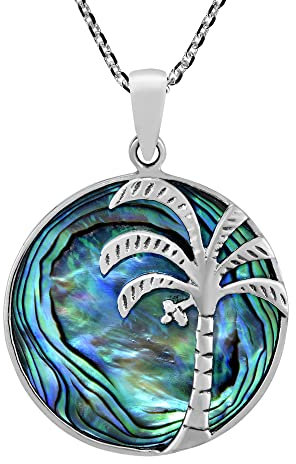 AeraVida Summer Sky Coconut Palm Tree Rainbow Abalone Shell .925 Sterling Silver Pendant Necklace | Abalone Shell Pendant Necklace | Palm Tree Pendant Necklace