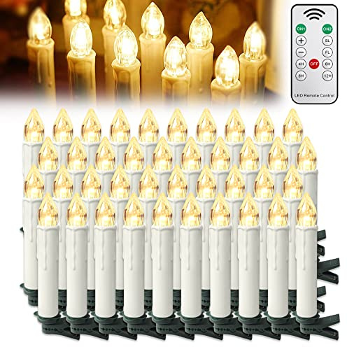 LED Christbaumkerzen mit Fernbedienung, 40er Set ohne Batterie, Warmweiß | 7 Helligkeitsstufen dimmbar, 2 Kanäle, Flackermodus, IP44, Clip & Haken inklusive, bis zu 150 Std. mit 1x AA-Batterie