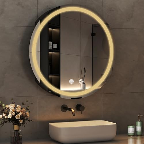 Boromal Spiegelschrank Rund mit Beleuchtung Schwarz Badezimmer Spiegelschrank Bad mit Beleuchtung Metall LED Badezimmerschrank Rund mit Stecker + Dimmbar + Beschlagfrei + Ablage (60 x 60 x 13 cm)