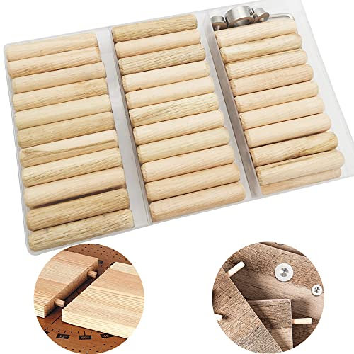 Tacos Madera, CESFONJER 63 pcs 10mm espigas de madera, 2 pcs Centro de Clavijas y 1 pcs Tope para Brocas, con llave hexagonal,para Muebles de Carpintería Carpintero Aficionado DIY