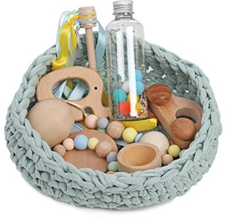 Cesto tesoros bebé. Cesto sensorial bebé. Juego estimulación sensorial Montessori para bebés entre 4 y 18 meses. ¡Más que un juego para el aprendizaje de tu bebé! COLOR DARK MINT