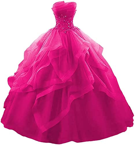 Vestido largo de fiesta con volantes, vestido de quinceañera, sin tirantes, encaje de tul, con cuentas, vestido de noche de princesa, fucsia, 42