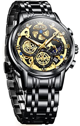 OLEVS Herrenuhren Schwarz Edelstahl Skelettuhren Chronograph Japanische Quarz Männer mit Diamant Gesicht Leuchtend Wasserdicht Modisch Lässige Business Armbanduhr