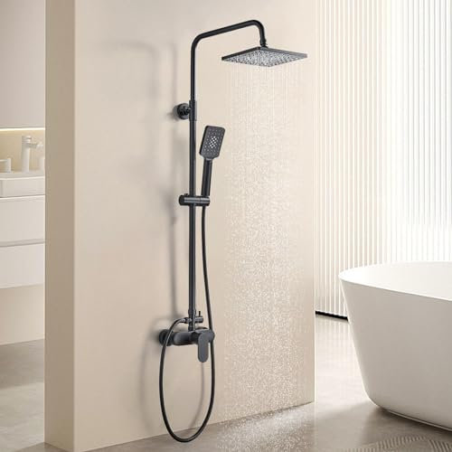 Colonne de Douche Noir avec Mitigeur, AIMOYO Ensemble de Douche Réglable en Hauteur, Système de Douche Monocommande de tête et Douchette 3 Jets pour Salle de Bain 80-117 cm