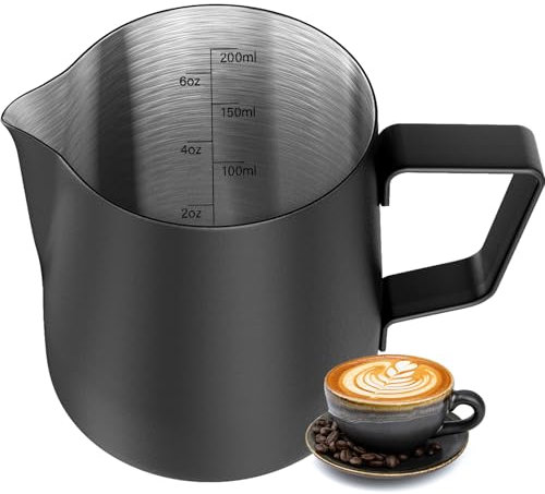 HULISEN Milk Frothing Pitcher, 6.8oz/200ml Stainless Steel Milk Frother Cup, Milk Steaming Pitcher, Black Milk Pitcher for Espresso Machine, Latte Art Pour Cup