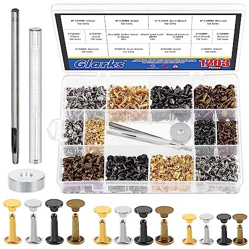 Glarks 600 Sets Ledernieten mit 3-teiligem Einstellwerkzeug-Set, 4 Farben, 3 Größen, Doppelkappennieten, röhrenförmige Metallnieten, Lederwaren, Nieten für Taschen, Kleidung, Schuhe, Lederhandwerk