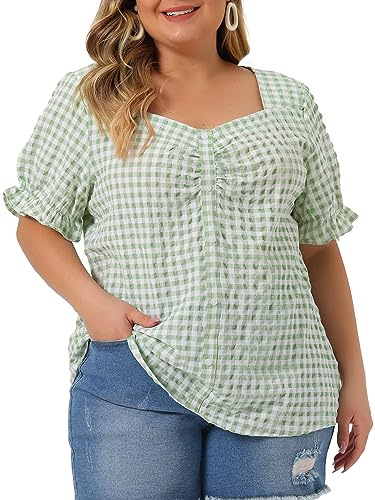 Agnes Orinda Women's Plus Size Summer Gingham Tops 1950s Sweetheart Neck Flounce Sleeve Blouse Top Green XL