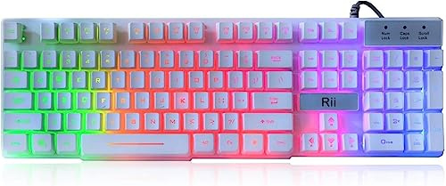 Rii RK100+ - Teclado blanco para juegos, cable USB, múltiples colores, retroiluminación LED arcoíris, gran tamaño, sensación mecánica, ultra delgado, teclado de oficina multimedia antideslizante para
