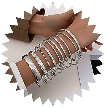 TseenYi Boho Indischen Multi Armreif Armbänder Sets Silber Geschichtet Gestapelt Armreif Armband Multi Stackeble Strukturierte Armreifen Vintage Texturiert Runde Armreif Schmuck Für Frauen Und Mädchen