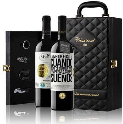 «La mejor edad es cuando dejas de cumplir años y...» Mensaje en una Botella. Estuche-Maletín de LUJO 2x Vino Tinto Premium Reserva 12 Meses y Set de 4 Accesorios. Etiqueta Blanca PERSONALIZABLE
