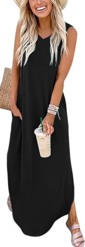 WNEEDU Damen Lang Strandkleider Sommer Maxi Kleider V-Ausschnitt Freizeitkleid Leichte Ärmellos Sommerkleider mit Taschen,Schwarz M