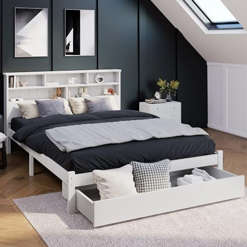 BTM Double Bed, Double Bed with Storage, Double Bed Frame with Headboard and Drawer, White Wooden Storage Double Bed, White Double Bed with Shelves- 4FT6 Double Bed Frame(135 x 190 cm)