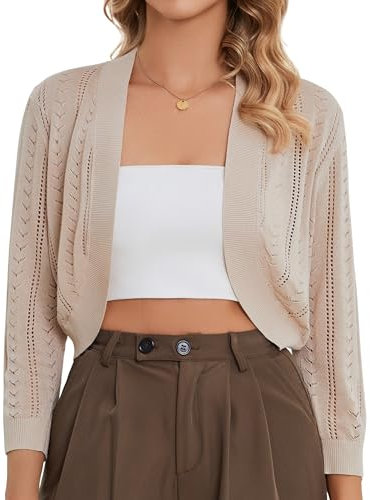 SIMIYA Strickjacken für Damen Kurz, Bolero Damen Festlich, Leichte Strickjacke Elegant 3/4 Ärmel Cardigan Damen Kurz(Khaki,M)