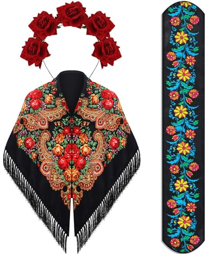 Zoooyawn 3 Pcs Traditional Tassel Exotic Wrap Printed Scarf Embroidered Mexican Belt Adjustable Mexican Rose Flower Floral Crown Day of the Dead for Women Boho Floral Traditional Fiesta Party Sash