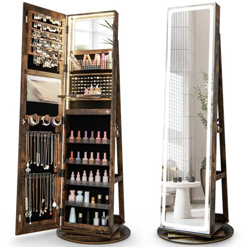 COSTWAY Armoire à Bijoux avec Miroir sur Pieds, Pivotant 360°, Grand Miroir Psyché Sans Cadre avec LED, Verrouillable, Placard Beauté, 3 Étagères, Serrure, Rangement Bijoux Style Nordique, Marron