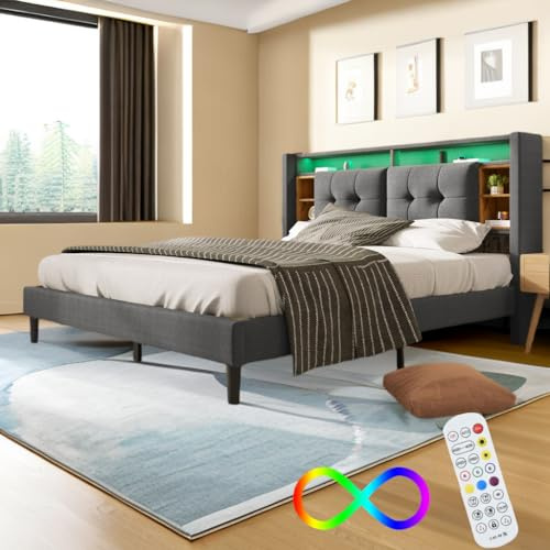 Bgsryao Bett 140x200 mit LED und USB, Polsterbett 140x200cm mit Stauraum und Kopfteil, Doppelbett mit Lattenrost aus Holz, Stauraumbett Jugendbett Modernes Bettgestell -Grau