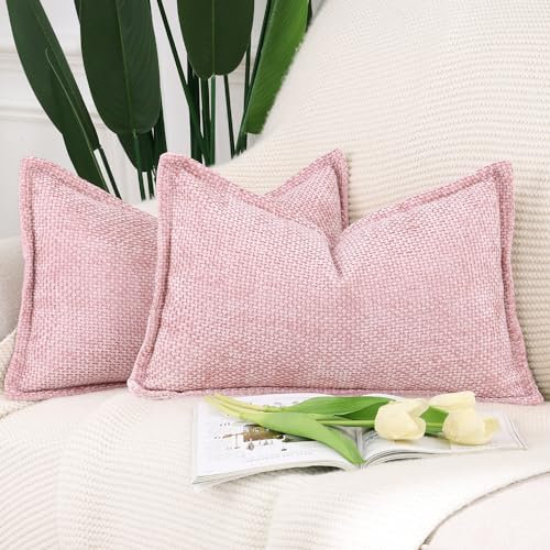 Madizz 2er Set Chenille Samt mit Rand Kissenbezüge Weiche Dekorativ Zierkissenbezüge Modern Kissenhülle für Sofa Wohnzimmer Schlafzimmer Rosa 40x80 cm