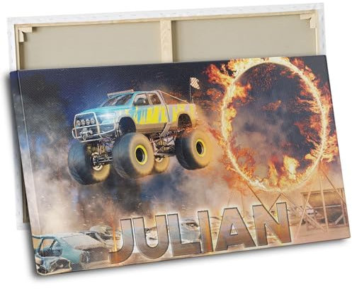 timalo® Kinderzimmer Wandbild Bild auf Leinwand Kinder Bilder für die Wand Leinwandbild xxl personalisiert mit Namen Mädchen Jungen Bild fürs Teenager Zimmer | 120x50cm Monstertruck