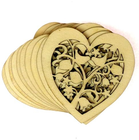 10x Wooden Heart Filigree Two Birds in a Tree Craft Shapes 3mm Plywood Love(6 x 6cm,No Hole)