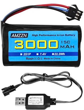 AMZZN 7.4V 3000mah 15C 2S SM-3P Plug Li ion batterie avec chargeur USB pour DE43 DE60 9500E RC véhicules et camions Huina 1575 RC véhicule d'ingénierie RC jouet voiture de sauvegarde batterie