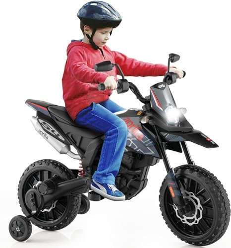 Kids Motorbike, Licensed Aprilia RX125 12V Ride on Electric Dirt Bike with Training Wheels, Spring Suspension, Battery Powered Off Road Motorbike Toy with 2 Speeds, Bluetooth, Lights (Blue)