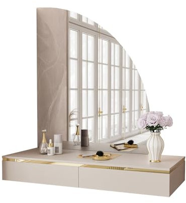 lukmebel - Schminktisch mit Spiegel - Schminkspiegel mit Beleuchtung und Schubladen - Konsolentisch Schmal Hängend - Make Up Tisch Frisiertisch Kosmetiktisch Matt Kaschmir Gold - Aurora-SQ