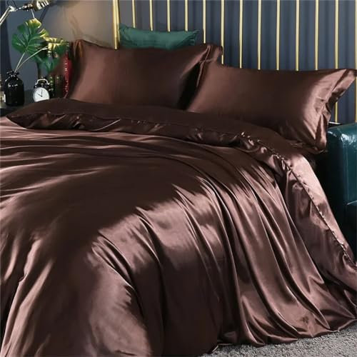 Luxus-Satin-Bettwäsche-Set, Bettbezug-Set, Doppelbett, King-Size-Bett, 4-teilig, dunkelbraun, Spannbetttuch, Kingsize, 4-teilig