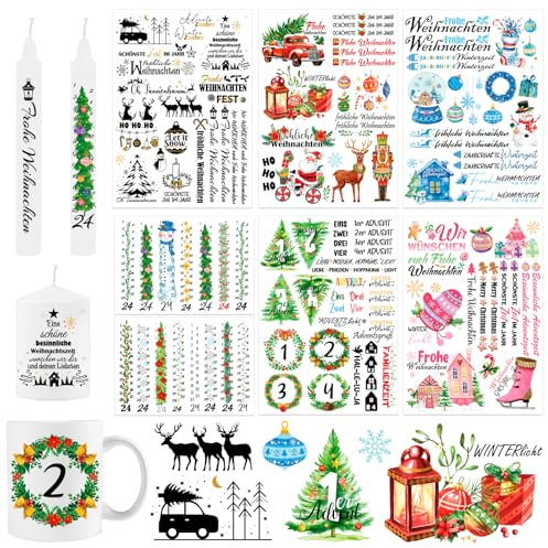 HOWAF 7 Bögen Kerzentattoos für Weihnachten, Adventskalender Kerzen Folie, Sticker Aufkleber, Sprüche zum Verschenken, für Kerzen/Keramik
