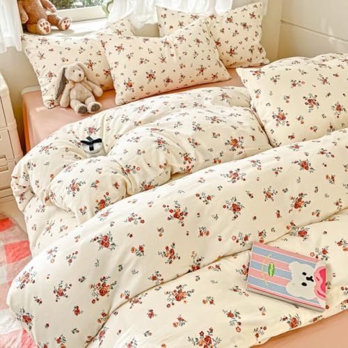 Nayoroom Bettwäsche 220x240 Beige Rot Rose Landhausstil Style Bettbezug 3teilig Set Vintage Blumen Aesthetic Gewaschene Mikrofaser Renforce Bettwäsche-Sets mit Reißverschluss und 2 Kissenbezüge 80x80