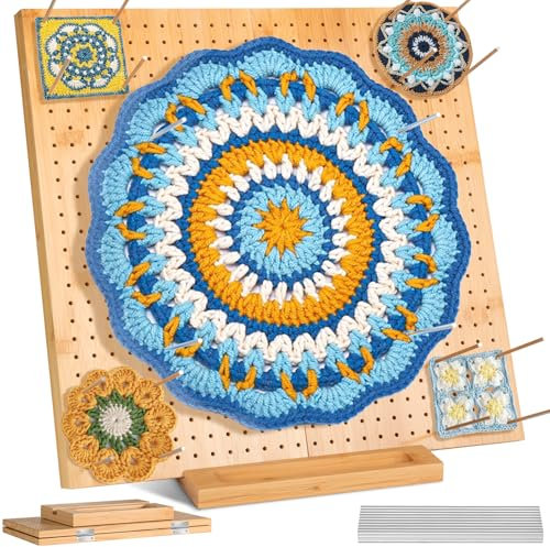 VexNook - 15 x 15 inch Folable Bamboo Crochet Blocking Board and 30 Pins, with 676 Holes, Stainless Steel Rod Pins, Ideal Granny Square Blocking Board for Knitting and Crochet Projects