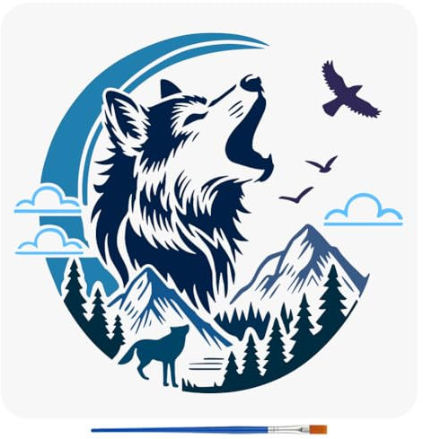 FINGERINSPIRE Mondwölfe Schablonen Mit Einem Pinsel 30x30cm Berge Wolf Schablonen Wälder Wolken Schablone Wildgänse Muster Malschablone Tiermotive Wolf Vorlage Für DIY Heimdekoration