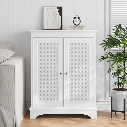 Smuxee Badezimmerschrank mit Rattantüren, weißer Badezimmerschrank mit verstellbarem Regal, freistehend, moderner Schrank-Organizer für Badezimmer, Wohnzimmer, Küche