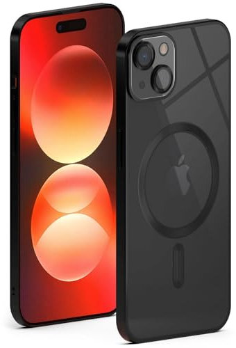 ONEFLOW Aura Case for Apple iPhone 15 Plus Case Compatible with MagSafe, Mobile Phone Case with Camera Protection, Protective Case for Inductive Wireless Charging, Silicone Case, Transparent, Black