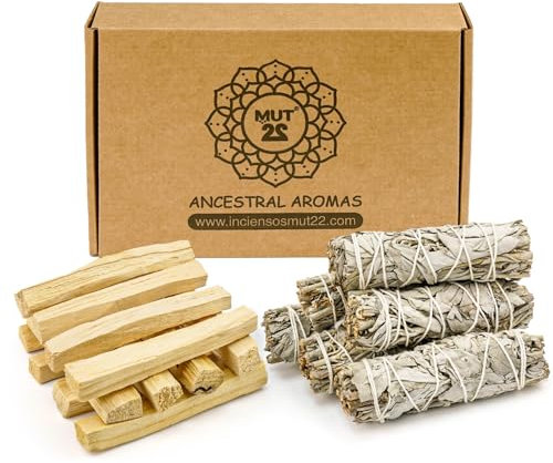 MUT22 9 Mini Heiliger weißer Salbei ca. 20 g und 12 Palo Santo, Reinigungskräuter und Harmonie, 100% natürlicher Apiana-Salbei, ideal für spirituelle Reinigung und Energierituale