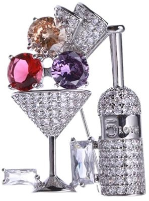 Creative Cocktail Glass Brooch Micro-Inlaid Zircon Corsage Costume Accessory Collar Pin, Silver