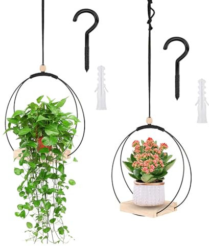 DAOOZHU Pot Suspendu Plante intérieur,Pots de Fleurs Suspendus,avec Base en Bois,Anneau en métal et Crochet de Suspension,pour Plantes d'intérieur,Mur et Plafond, (2 pièces, Noir)