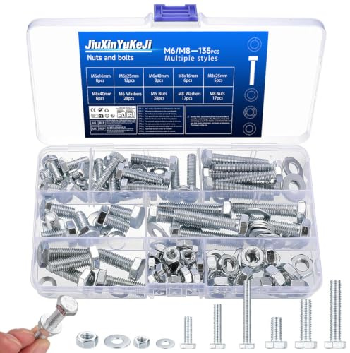 JiuXinYuKeJi 135 Pcs M6 M8 Bolts and Nuts Set, Nuts and Bolts Assortment | Hex Head Screw Assortment Kit, Hex Head Bolt and Nut Set with Washers, Machine Screws for Bike Auto Daily Repair