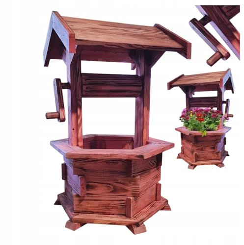 MAZUR Holzbrunnen für Blumen, Dekotopf Garten, 60 x 45 cm, Kiefernholz in Erle imprägniert, Brunnen für Garten, Terrasse, Handfertigung Polen