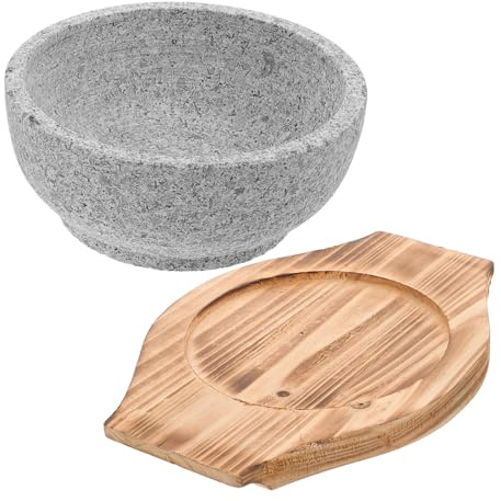 VALICLUD Bibimbap Schüssel 600ml mit Holztablett aus Stein Koreanische | Runde Speiseschüssel, 1 Satz mit Tablett, Wiederverwendbar und Leicht zu Reinigen, für Küche und Kochen
