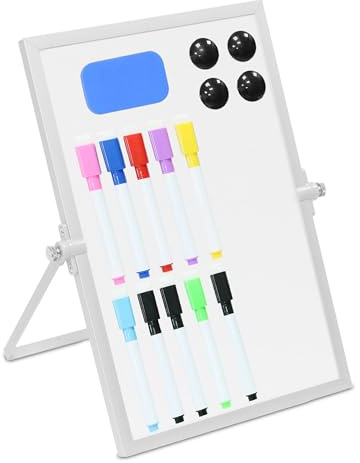 Relaxdays Whiteboard Tisch, 30x20 cm, magnetisch, 360° drehbar, mit Stiften, Magneten, Schwamm, Magnettafel, weiß/silber